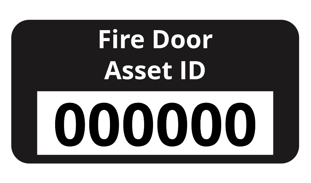 Fire door asset ID label with text 'Fire Door Asset ID' on a black background and a number in a white box