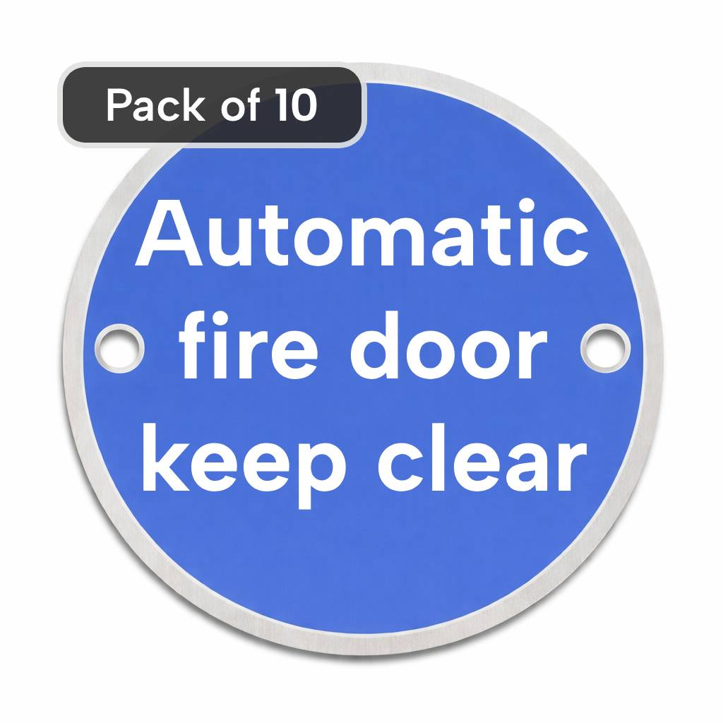 Blue circular rigid metal sign with 'Automatic fire door keep clear' text and fixing holes - pack of 10
