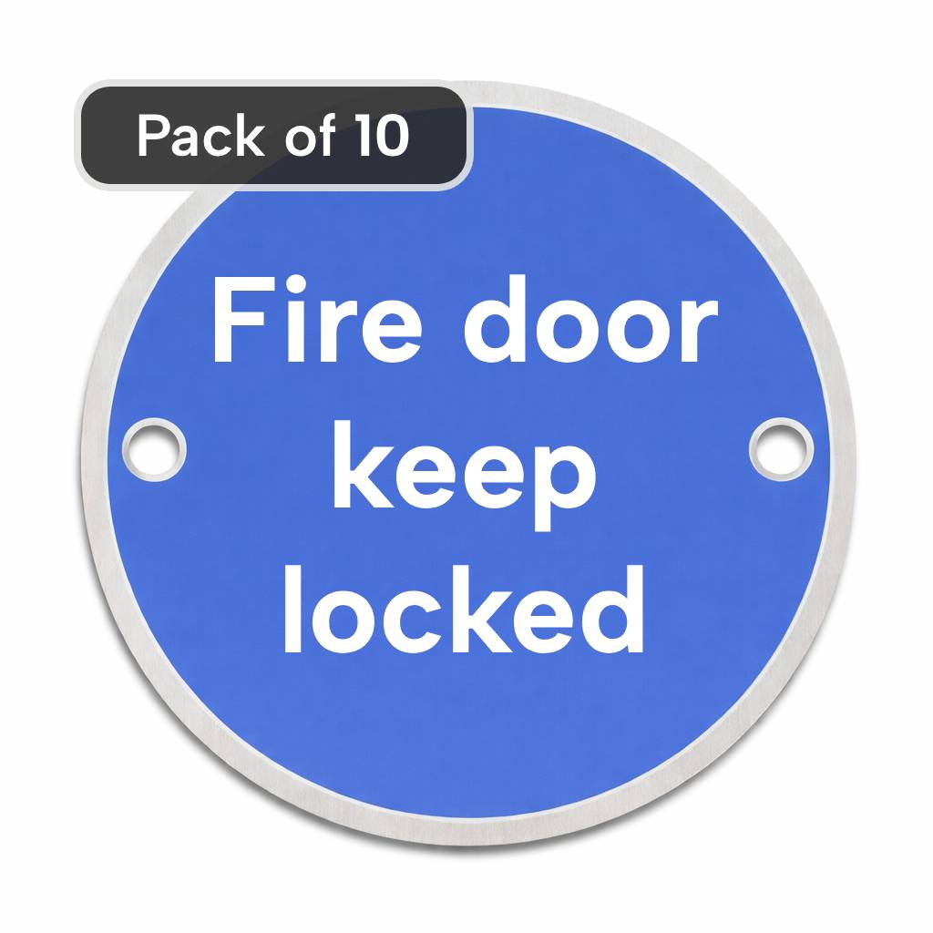 Blue circular rigid metal sign with 'Fire door keep locked' text and fixing holes - pack of 10