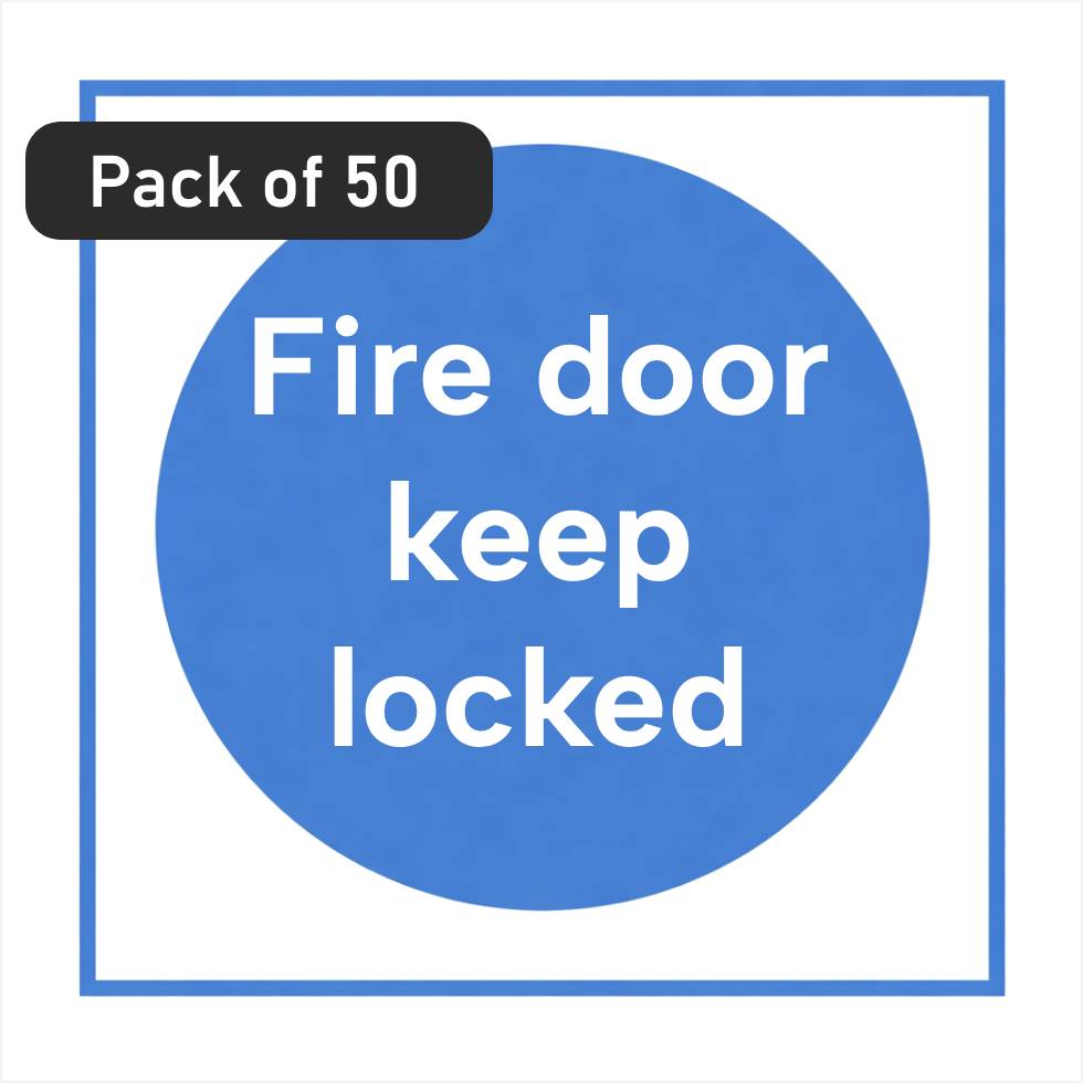 White rectangle self-adhesive sign with 'Fire door keep locked' white text on a blue circular background - pack of 50