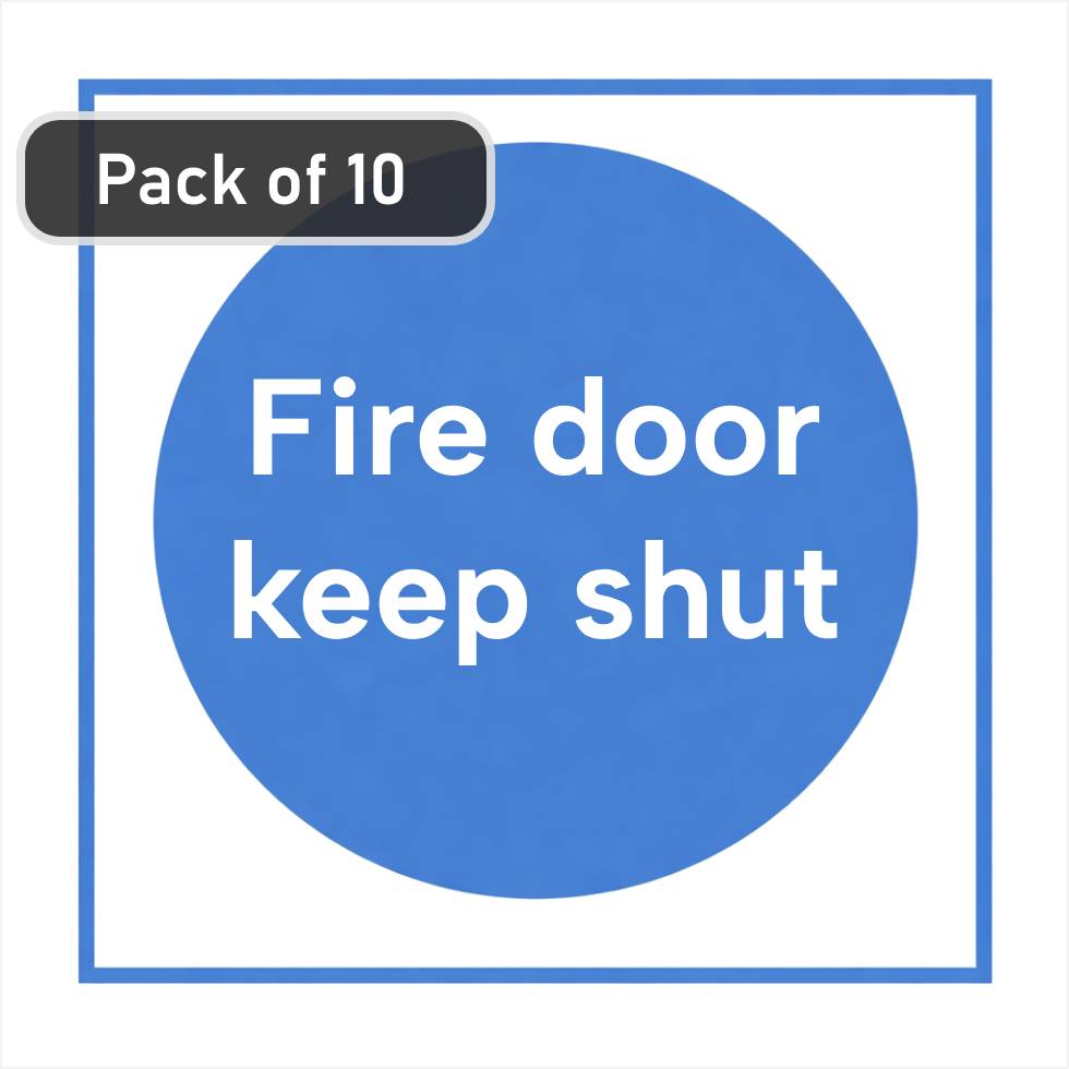 White rectangle self-adhesive sign with 'Fire door keep shut' white text on a blue circular background - pack of 10