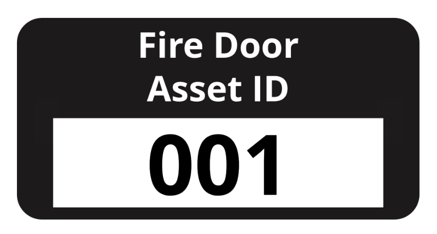 Fire door asset ID label with text 'Fire Door Asset ID' on a black background and a number in a white box