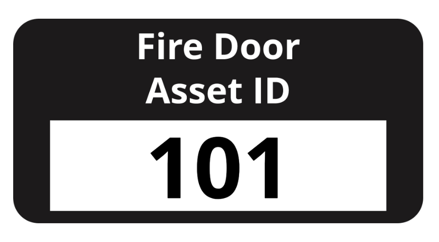 Fire door asset ID label with text 'Fire Door Asset ID' on a black background and a number in a white box
