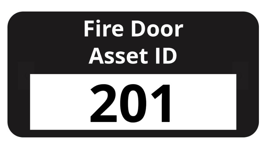 Fire door asset ID label with text 'Fire Door Asset ID' on a black background and a number in a white box