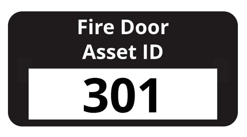 Fire door asset ID label with text 'Fire Door Asset ID' on a black background and a number in a white box