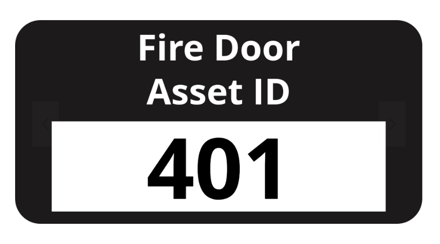 Fire door asset ID label with text 'Fire Door Asset ID' on a black background and a number in a white box