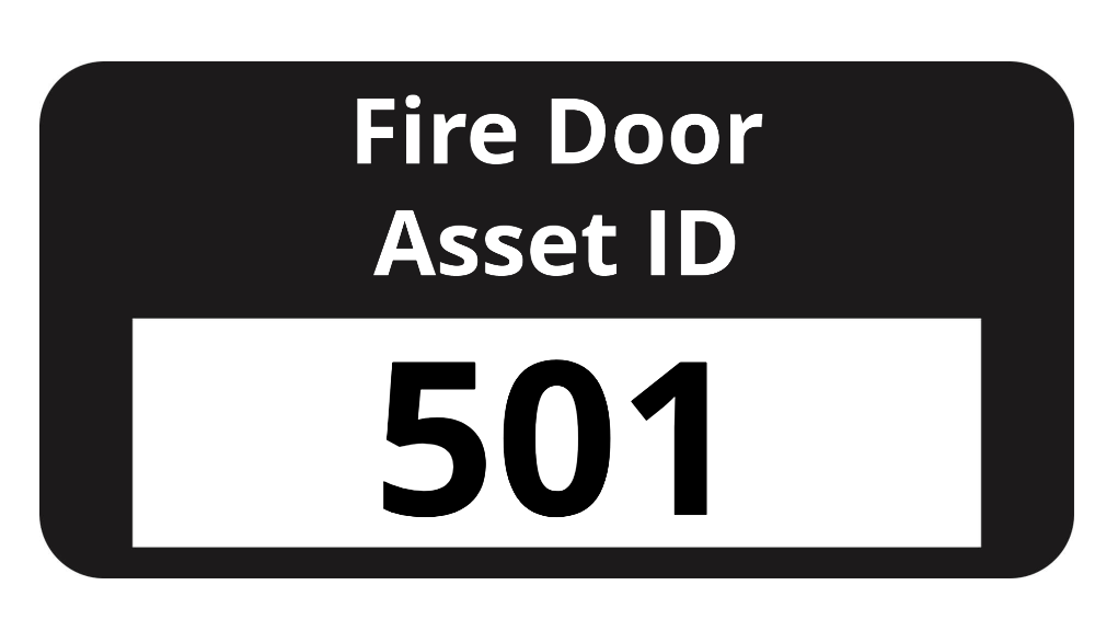 Fire door asset ID label with text 'Fire Door Asset ID' on a black background and a number in a white box