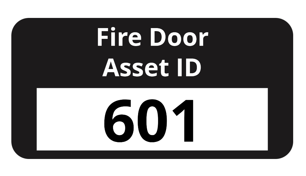 Fire door asset ID label with text 'Fire Door Asset ID' on a black background and a number in a white box