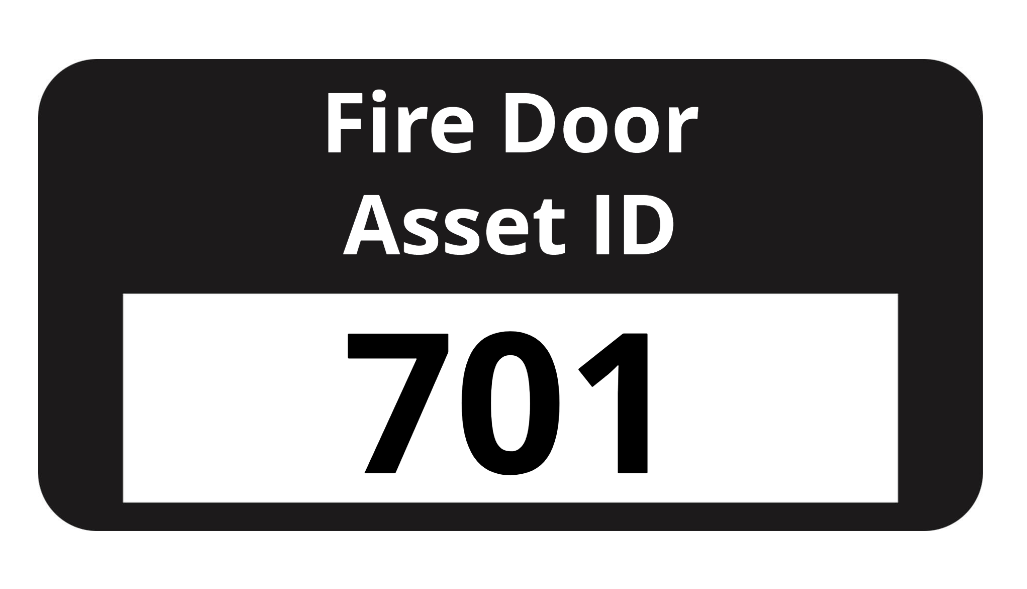 Fire door asset ID label with text 'Fire Door Asset ID' on a black background and a number in a white box