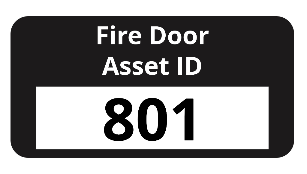 Fire door asset ID label with text 'Fire Door Asset ID' on a black background and a number in a white box