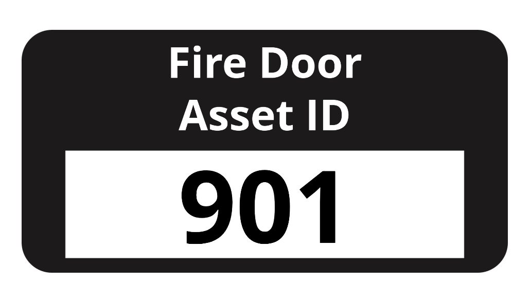 Fire door asset ID label with text 'Fire Door Asset ID' on a black background and a number in a white box