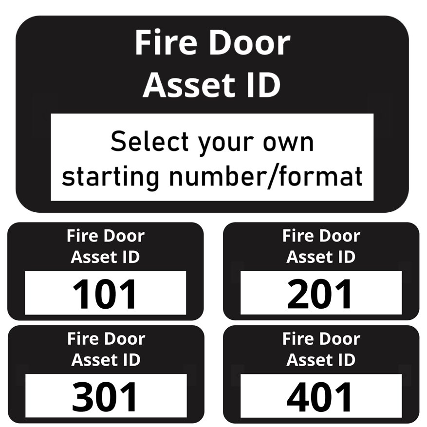 Fire door asset ID label with text 'Fire Door Asset ID' on a black background with customisable numbering