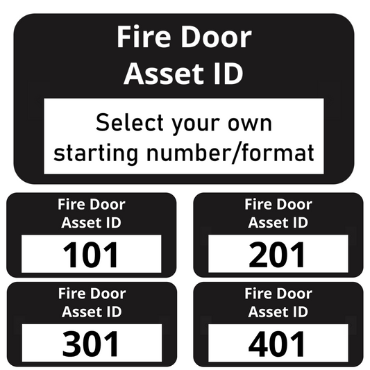 Fire door asset ID label with text 'Fire Door Asset ID' on a black background with customisable numbering