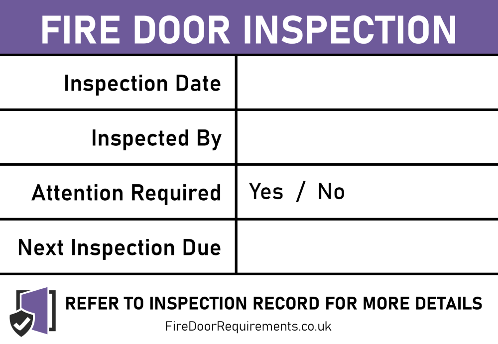 Fire door inspection label with fields for inspection date, next inspection date, and inspector details, colour-coded purple