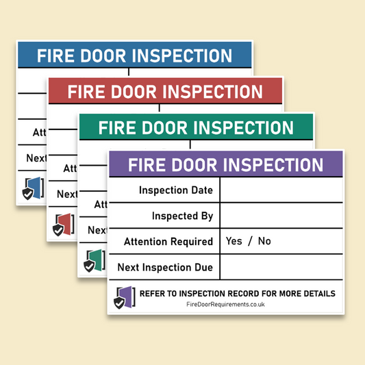 Fire door inspection label with fields for inspection date, next inspection date, and inspector's name, showing different colour options.