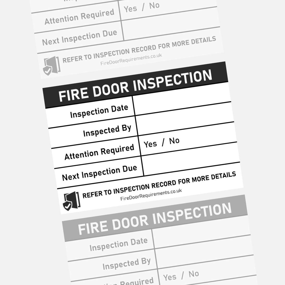 Fire door inspection label roll with fields for inspection date, next inspection date, and inspector's name.