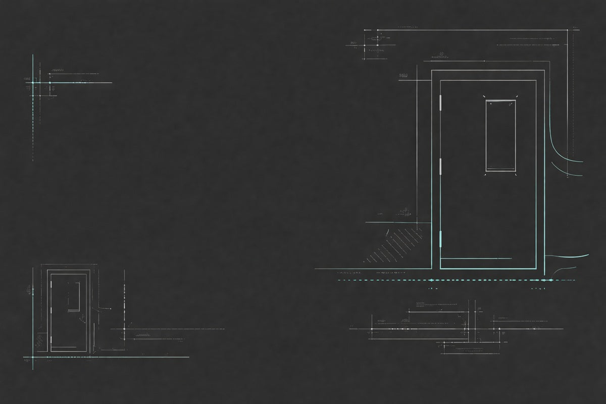 Technical drawing of a fire door on a dark background
