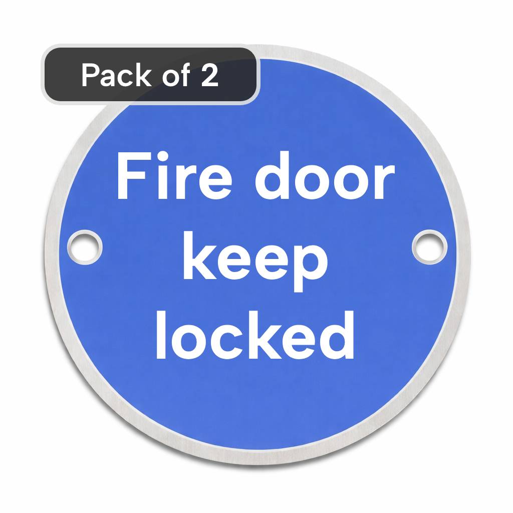 Blue circular rigid metal sign with 'Fire door keep locked' text and fixing holes - pack of 2