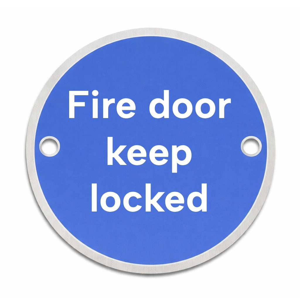 Blue circular rigid metal sign with 'Fire door keep locked' text and fixing holes