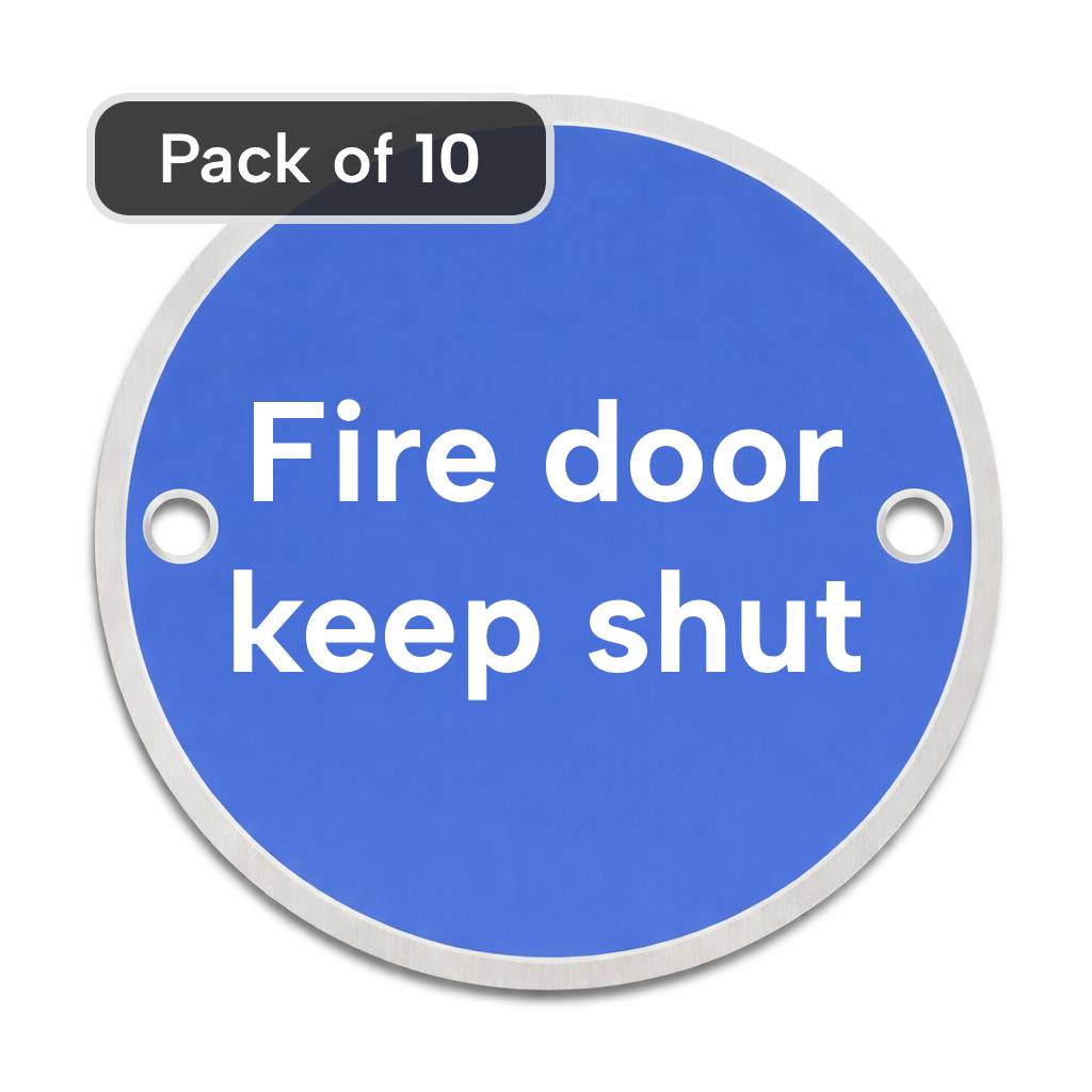 Blue circular rigid metal sign with 'Fire door keep shut' text and fixing holes - pack of 10