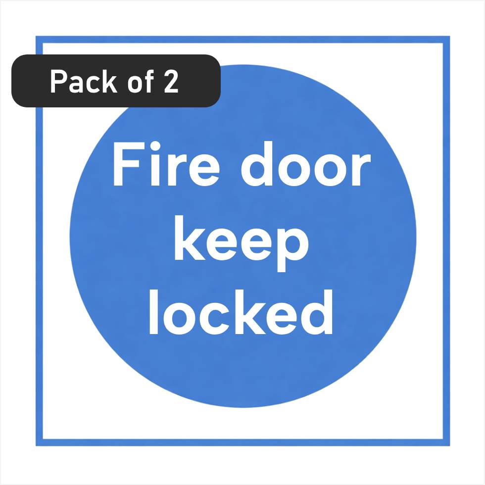 White rectangle self-adhesive sign with 'Fire door keep locked' white text on a blue circular background - pack of 2