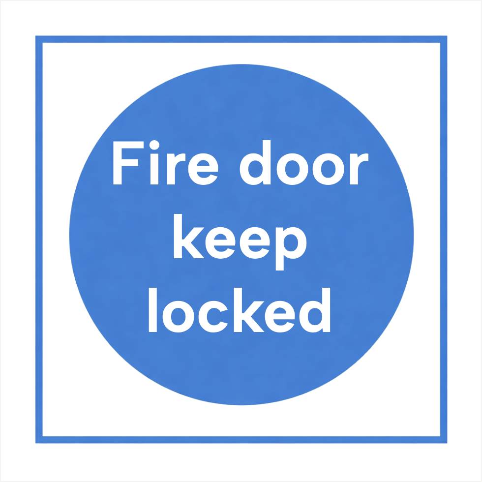 White rectangle self-adhesive sign with 'Fire door keep locked' white text on a blue circular background