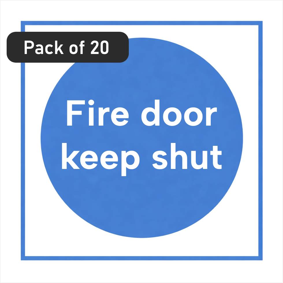 White rectangle self-adhesive sign with 'Fire door keep shut' white text on a blue circular background - pack of 20