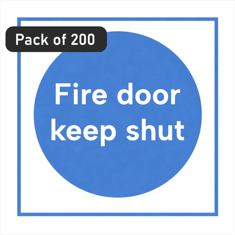 White rectangle self-adhesive sign with 'Fire door keep shut' white text on a blue circular background - pack of 200