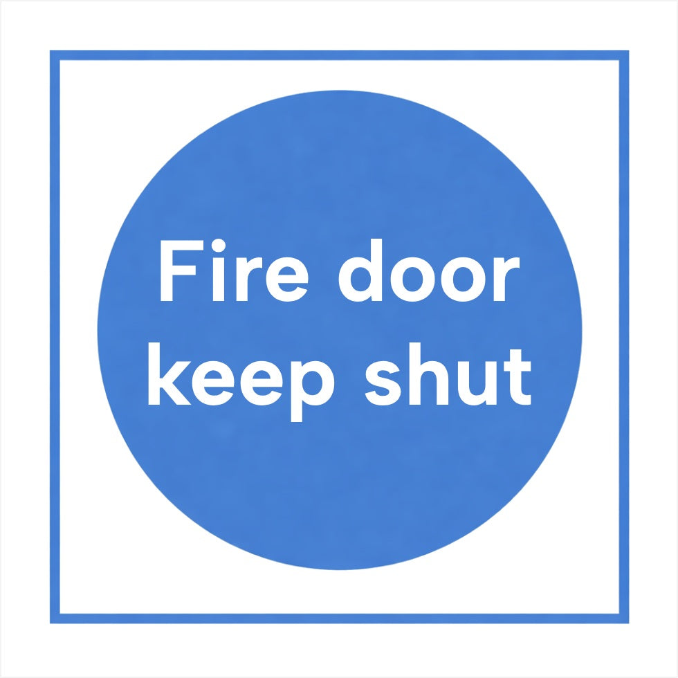 White rectangle self-adhesive sign with 'Fire door keep shut' white text on a blue circular background